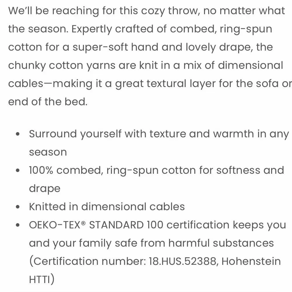 The Company Store Chunky Knit Cable Throw Blanket in Natural. 50x70 Inches.